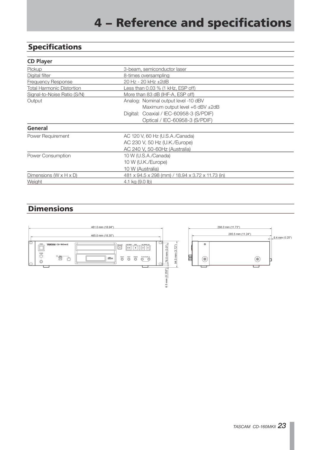 Tascam CD-160MKII owner manual Specifications, Dimensions, CD Player, General 