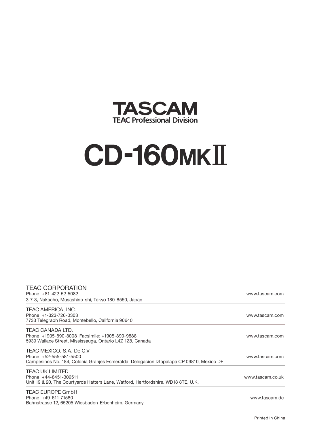 Tascam CD-160MKII owner manual CD-160MK# 