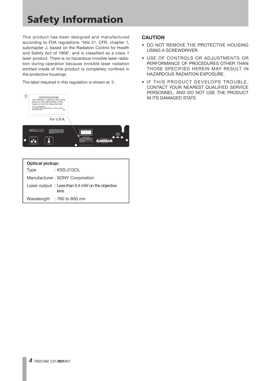 Tascam CD-160MKII owner manual Safety Information 