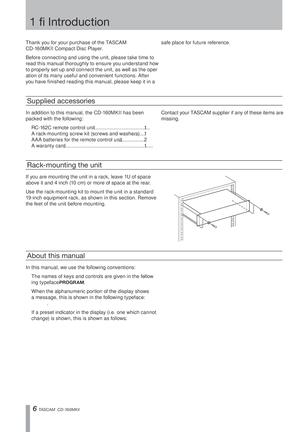 Tascam CD-160MKII owner manual Introduction, Supplied accessories, Rack-mounting the unit, About this manual 