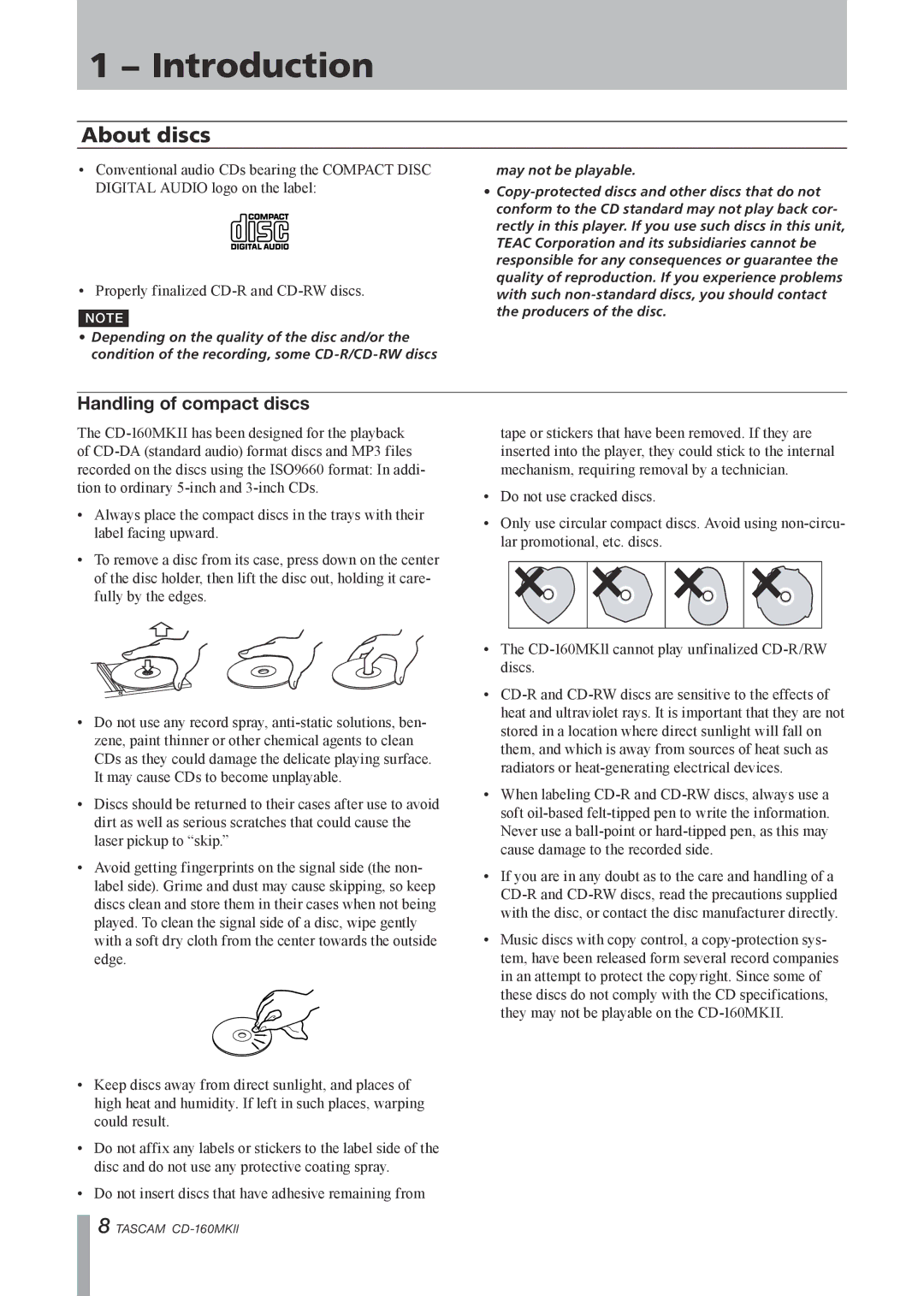 Tascam CD-160MKII owner manual About discs, Handling of compact discs 