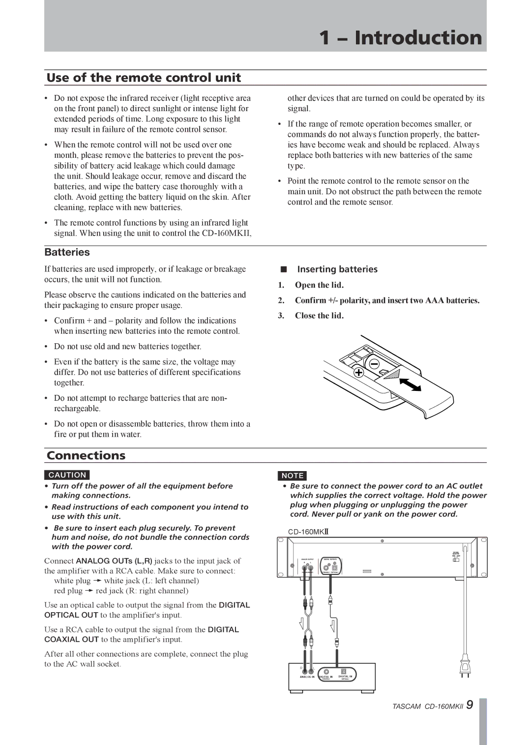 Tascam CD-160MKII owner manual Use of the remote control unit, Batteries, Inserting batteries 