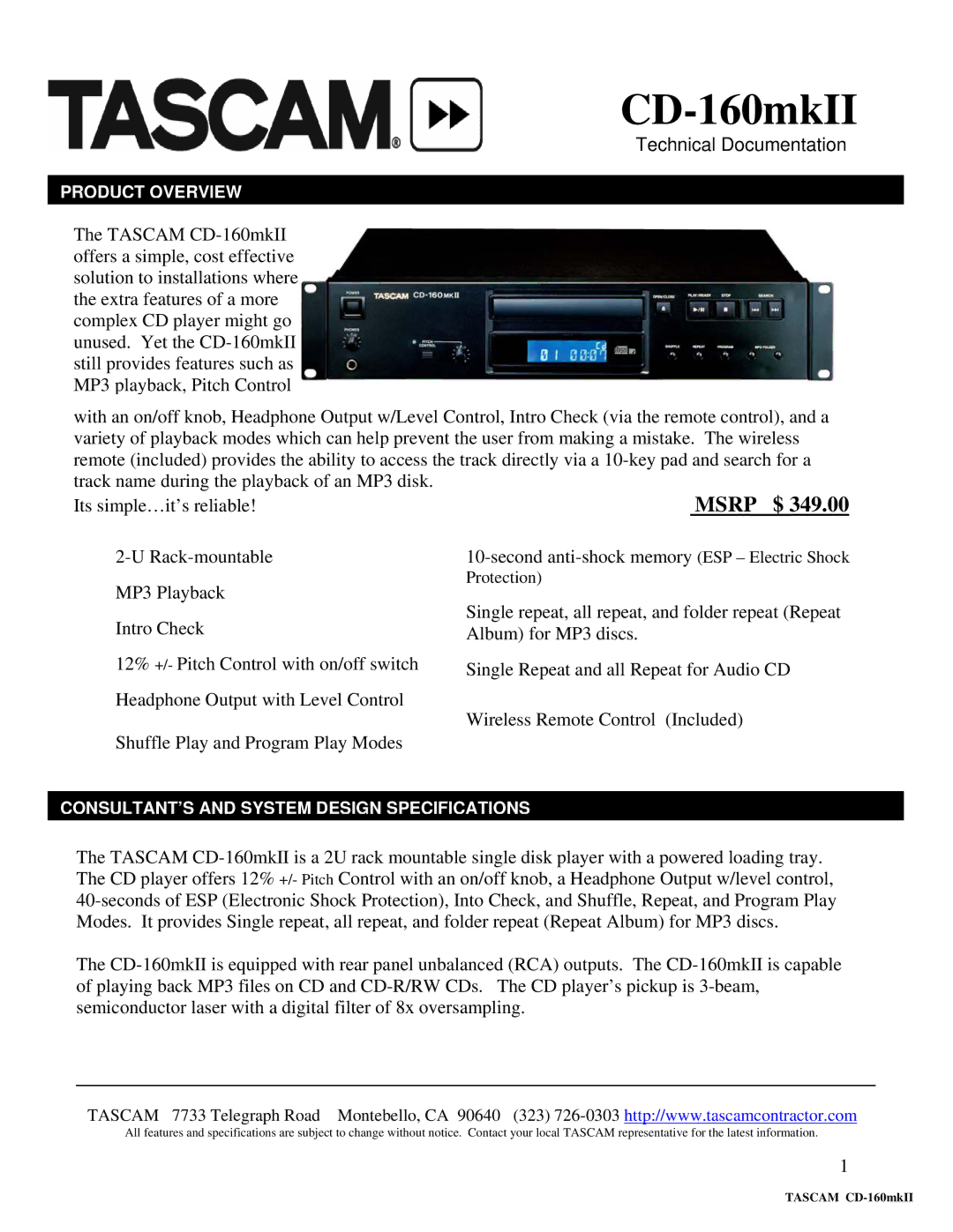 Tascam CD-160MKII specifications CD-160mkII, Msrp $, Technical Documentation 