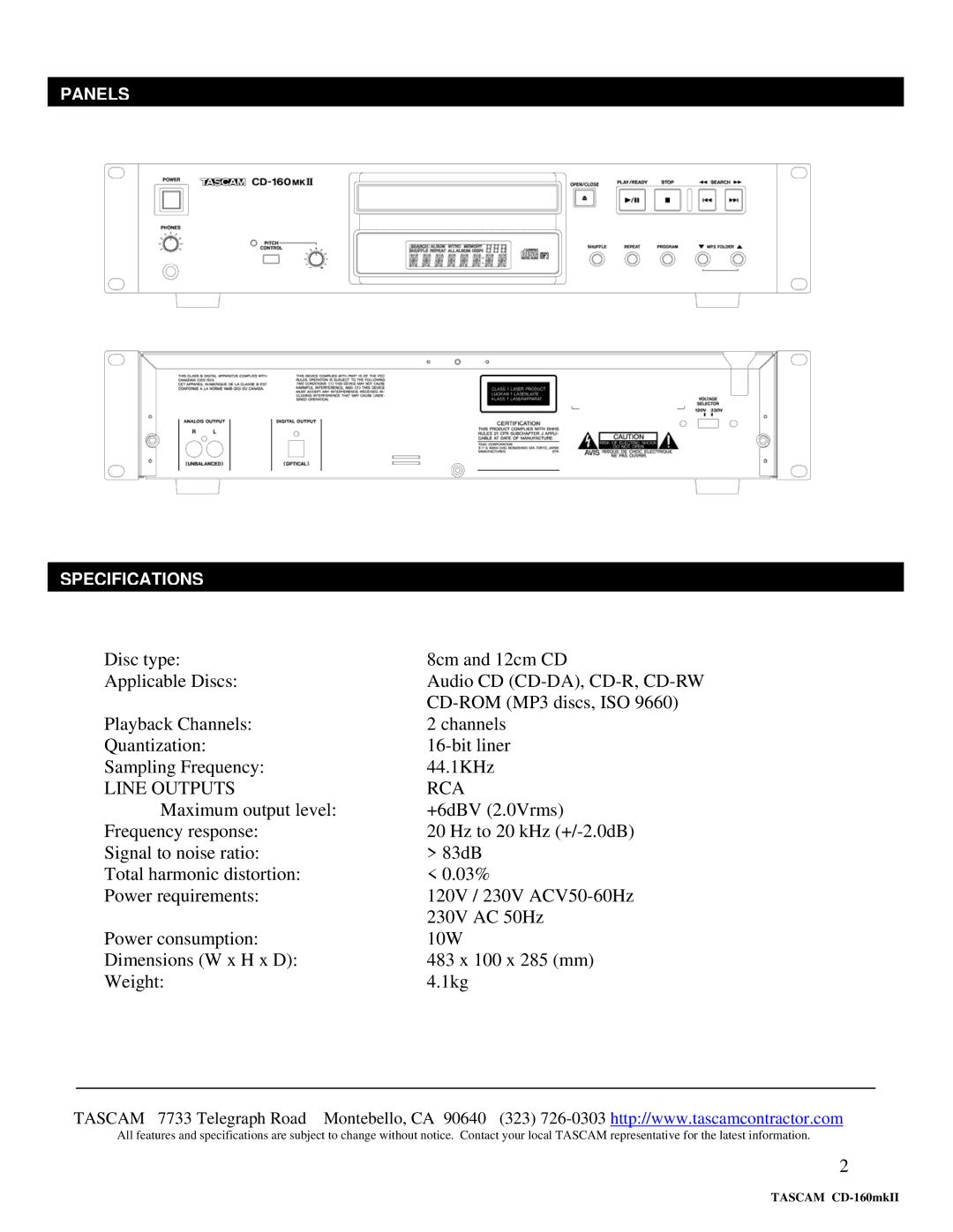 Tascam CD-160MKII specifications Line Outputs RCA 