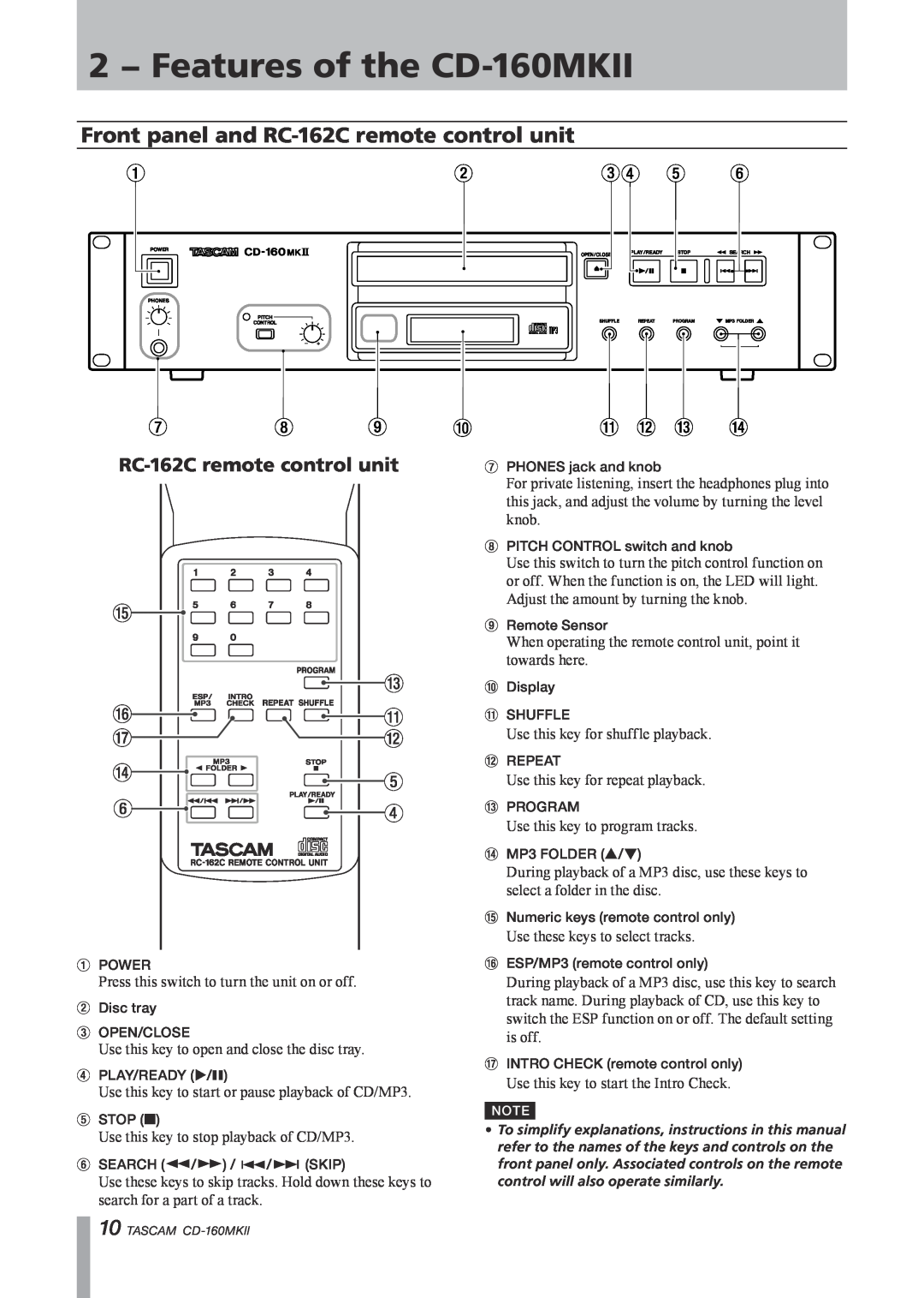 Tascam owner manual 2 − Features of the CD-160MKII, Front panel and RC-162Cremote control unit 