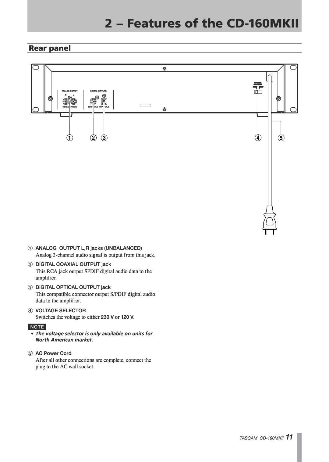 Tascam owner manual Rear panel, 2 − Features of the CD-160MKII 