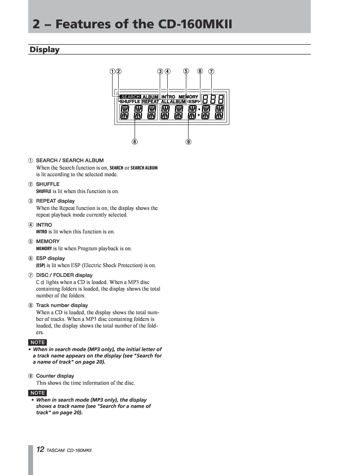 Tascam owner manual Display, 2 − Features of the CD-160MKII 