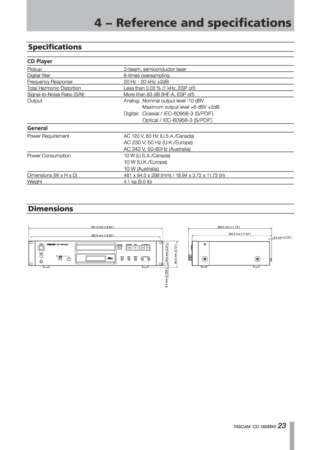 Tascam CD-160MKII owner manual Specifications, Dimensions, 4 − Reference and specifications, CD Player, General 