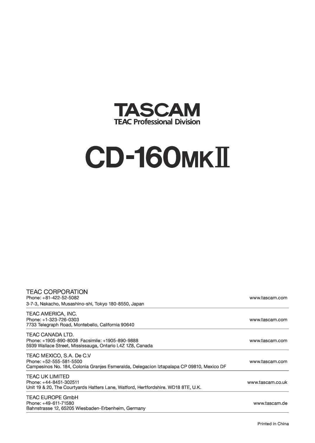 Tascam CD-160MKII owner manual » CD-160MK#, Teac Corporation 