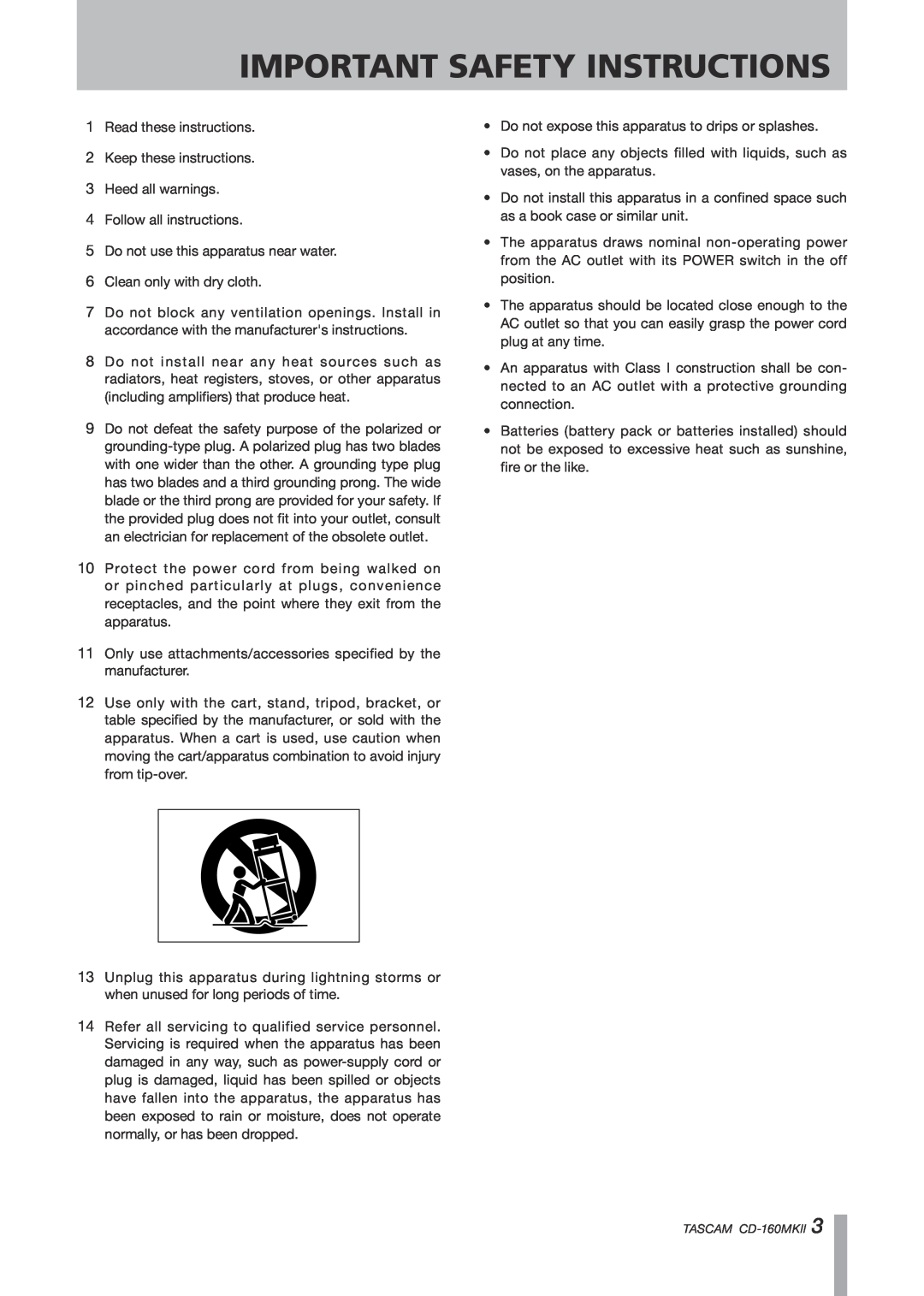 Tascam CD-160MKII owner manual Important Safety Instructions 