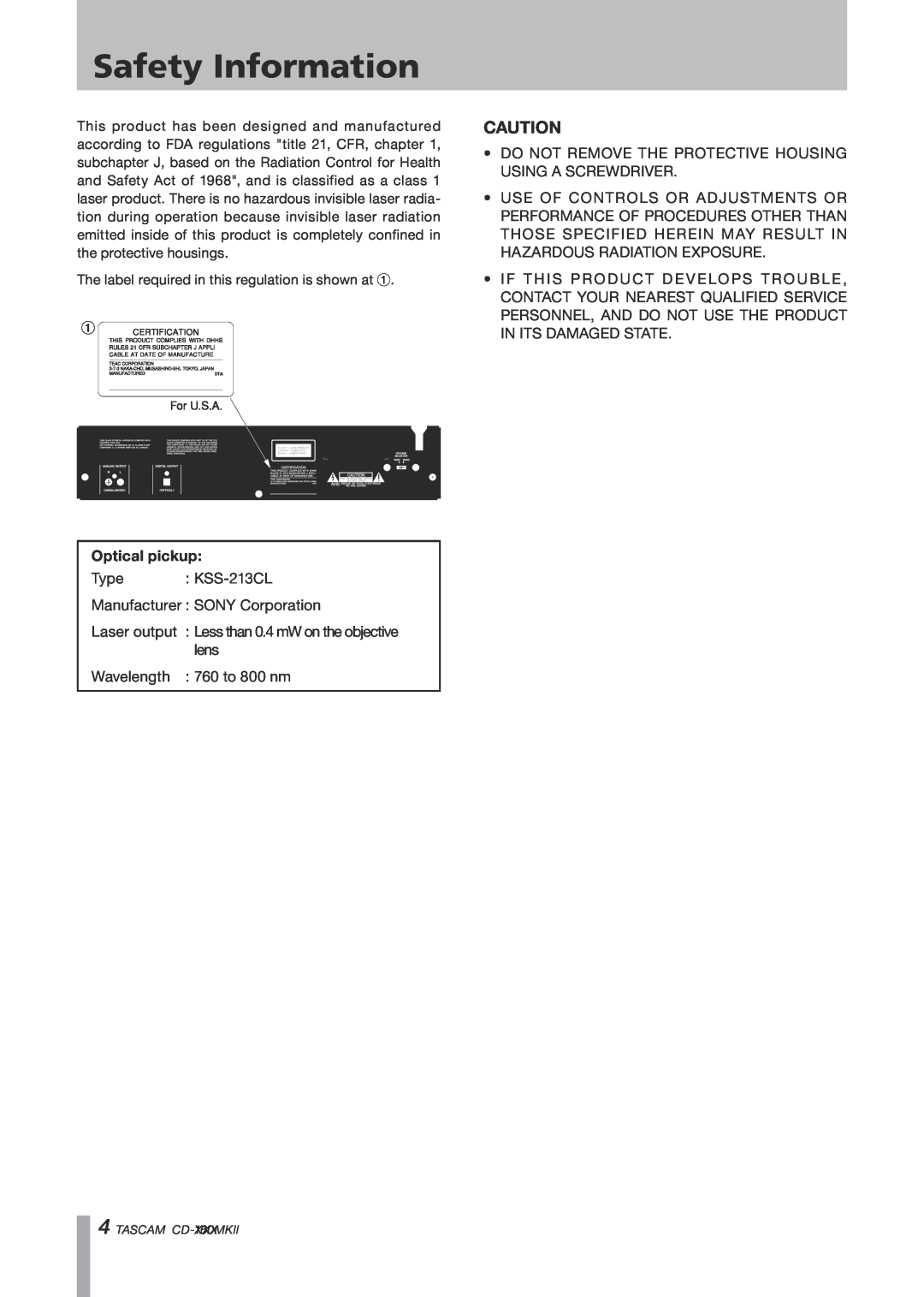 Tascam CD-160MKII owner manual Safety Information, Optical pickup 