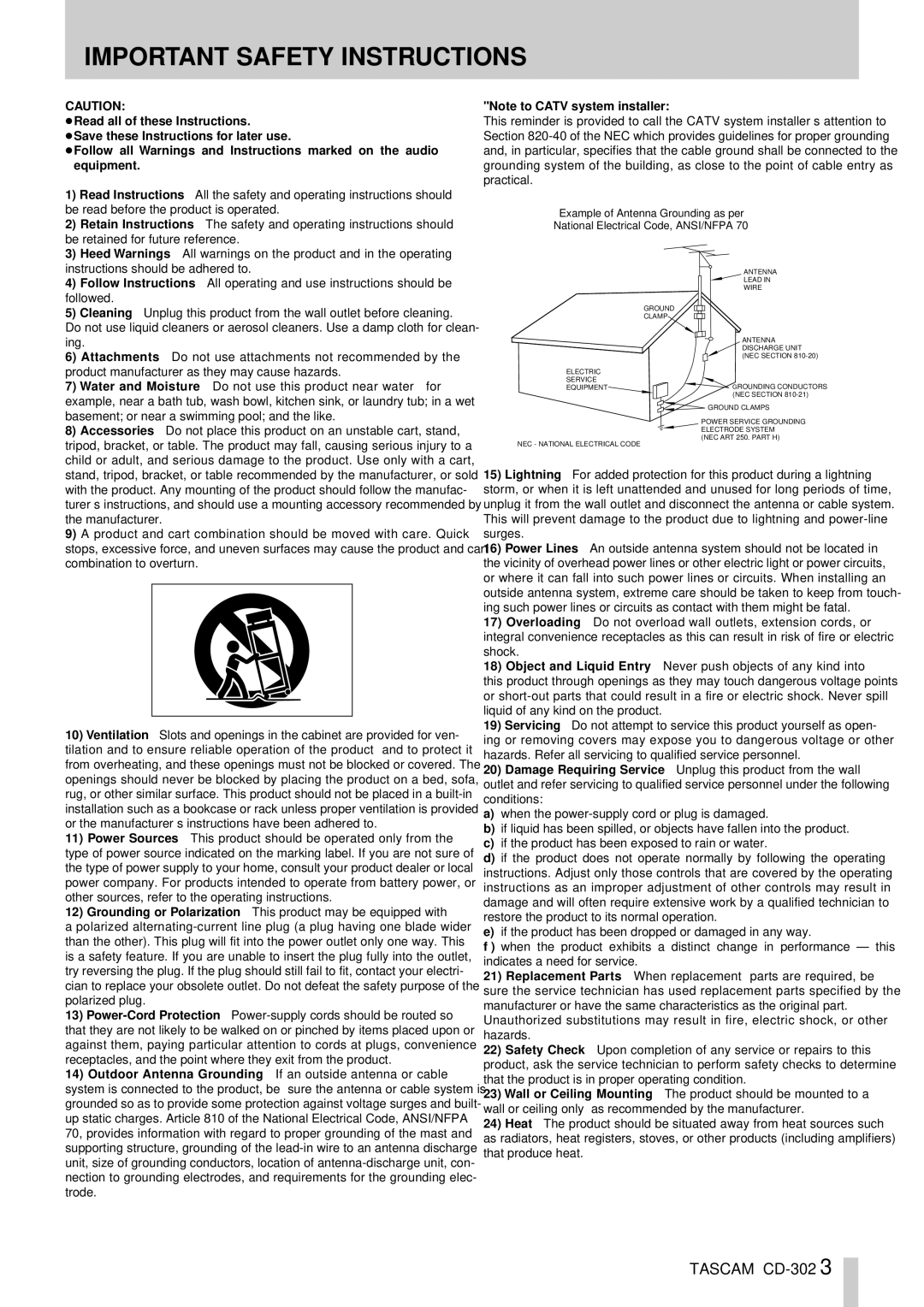 Tascam CD-302 owner manual Important Safety Instructions 