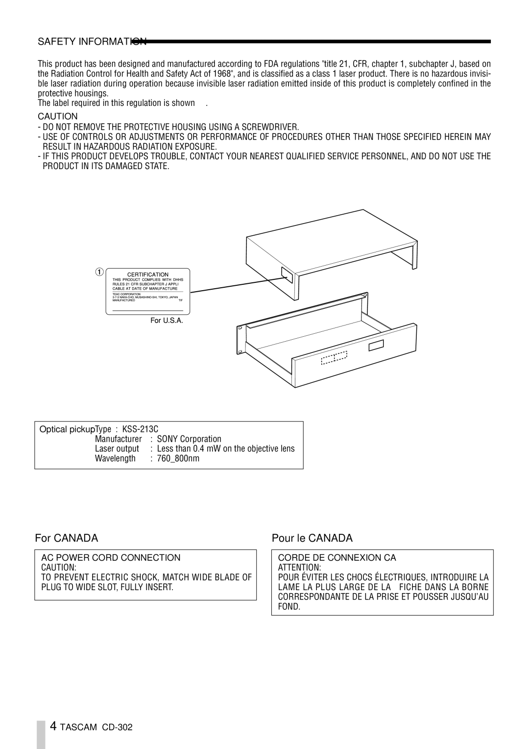 Tascam CD-302 owner manual For Canada, Pour le Canada 