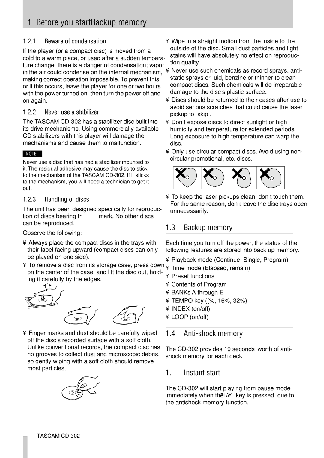 Tascam CD-302 owner manual Before you start-Backup memory, Anti-shock memory, Instant start 