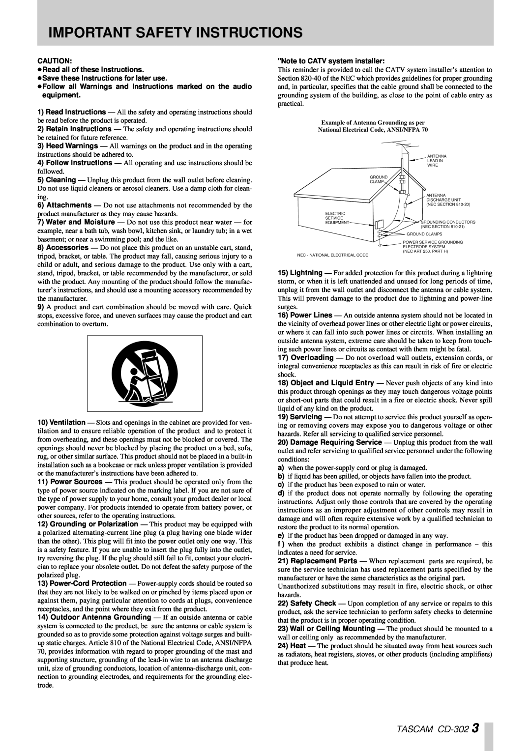 Tascam owner manual Important Safety Instructions, TASCAM CD-302 