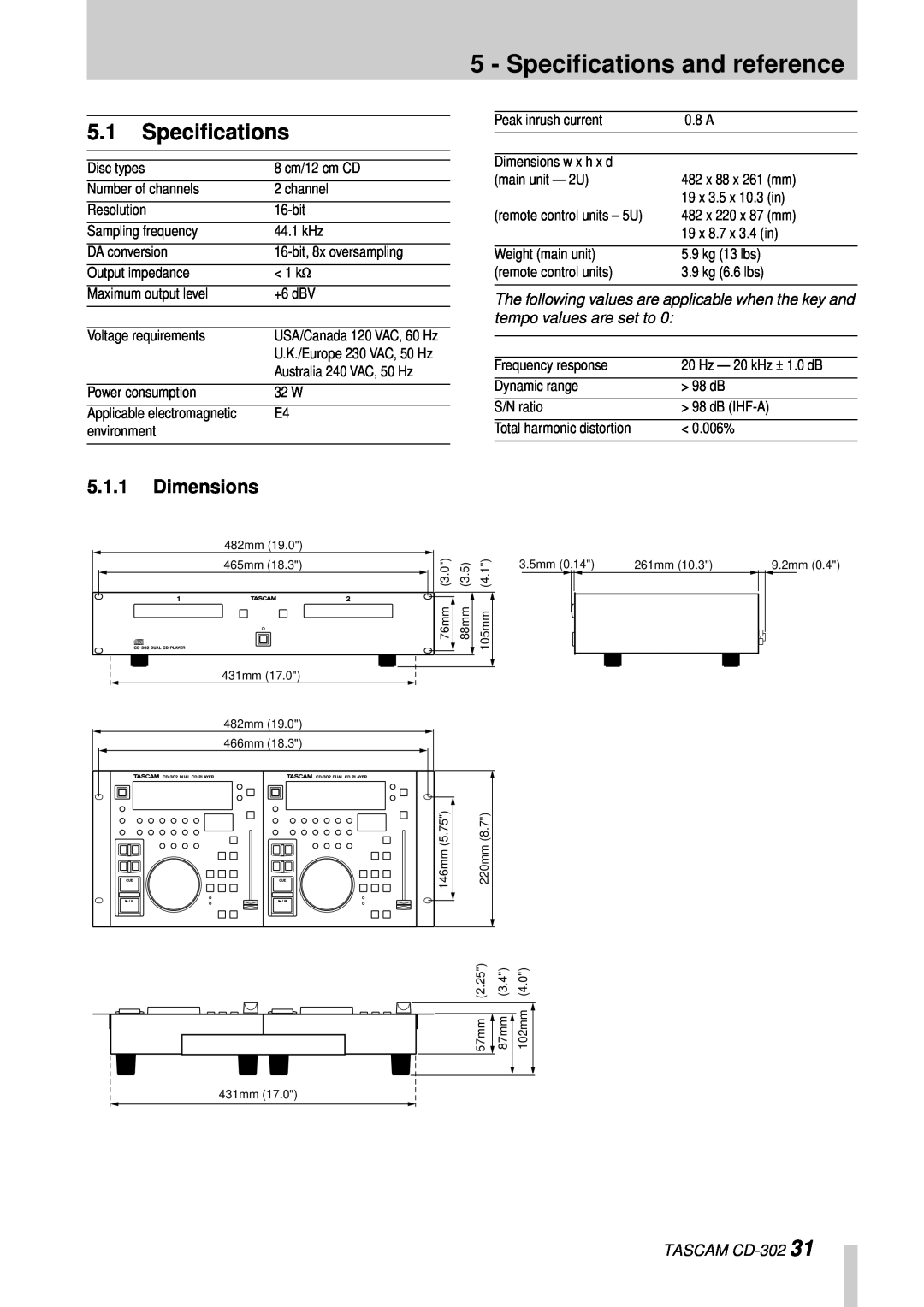 Tascam owner manual Specifications and reference, 5.1Speciﬁcations, 5.1.1Dimensions, TASCAM CD-302 