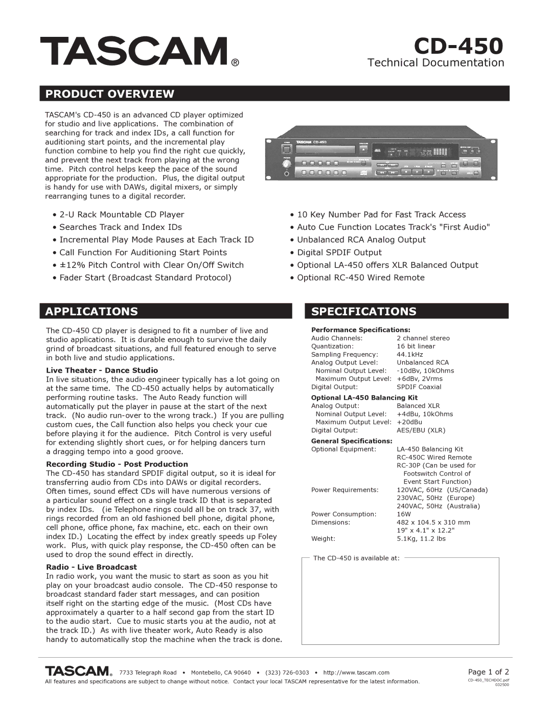 Tascam CD-450 specifications Product Overview, Applications, Live Theater Dance Studio, Recording Studio Post Production 