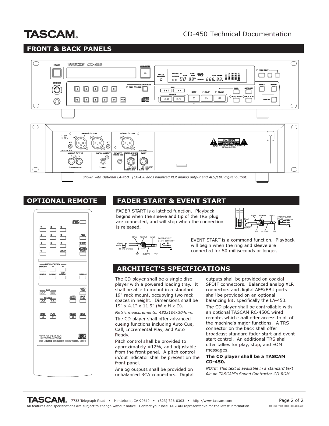 Tascam CD-450 specifications Front & Back Panels, Optional Remote Fader Start & Event Start, Architects Specifications 