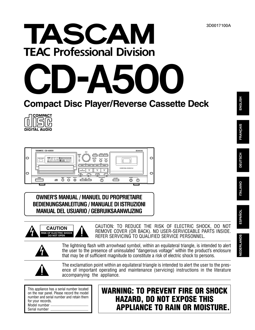 Tascam CD-A500 user service 