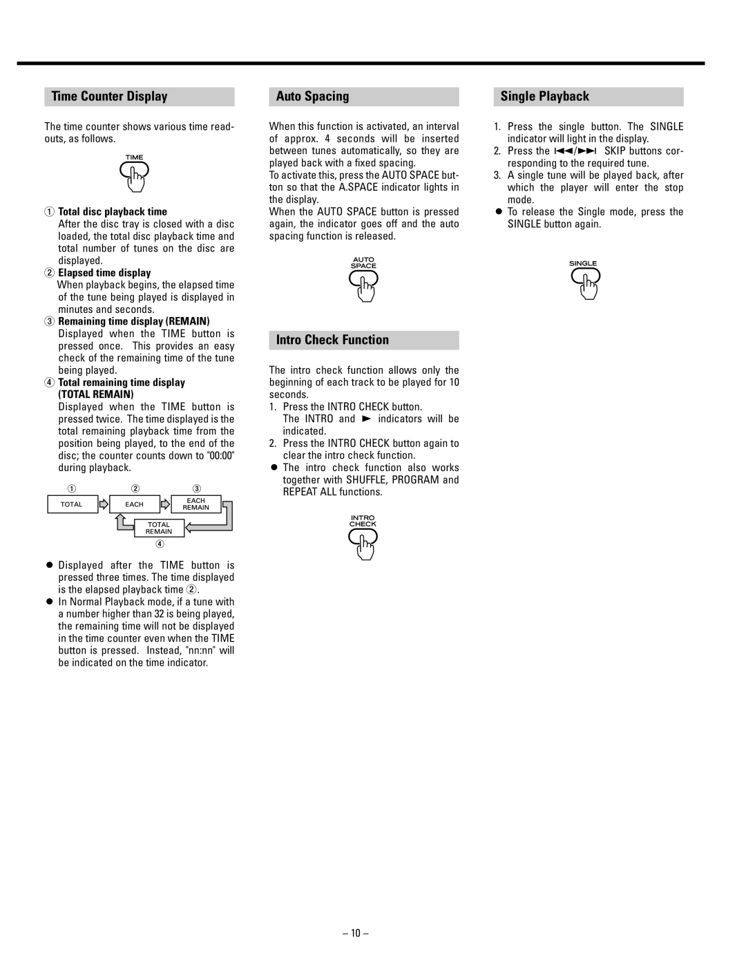 Tascam CD-A500 user service Time Counter Display, Auto Spacing, Single Playback, Intro Check Function 