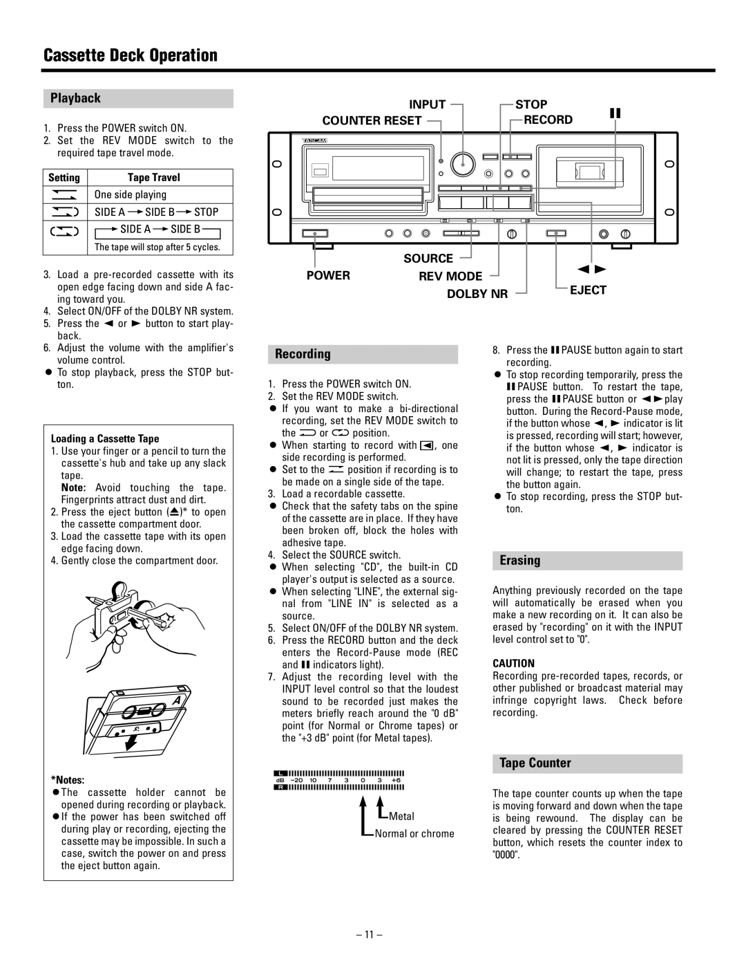 Tascam CD-A500 user service Cassette Deck Operation, Playback, Recording, Erasing, Tape Counter 