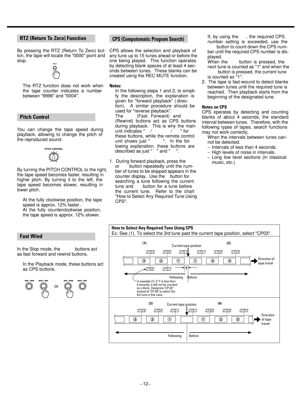 Tascam CD-A500 user service RTZ Return To Zero Function, Pitch Control, Fast Wind, CPS Computomatic Program Search 