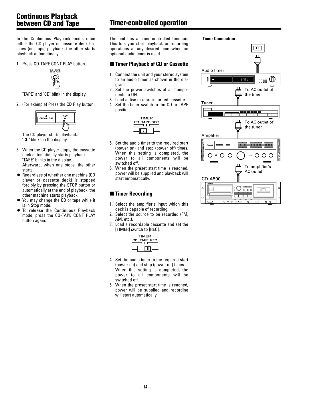 Tascam CD-A500 user service Timer-controlled operation, ∑ Timer Recording 