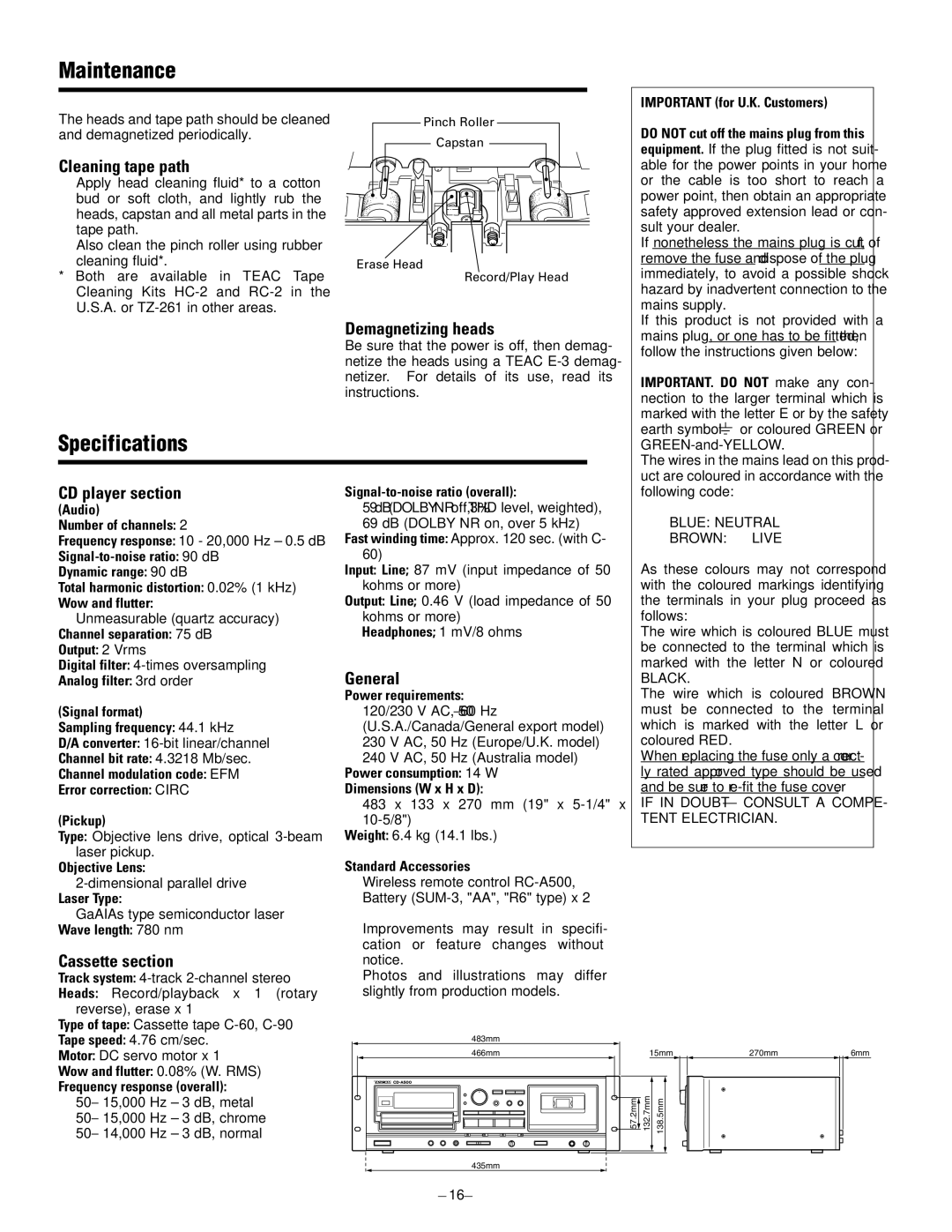 Tascam CD-A500 user service Maintenance, Specifications 