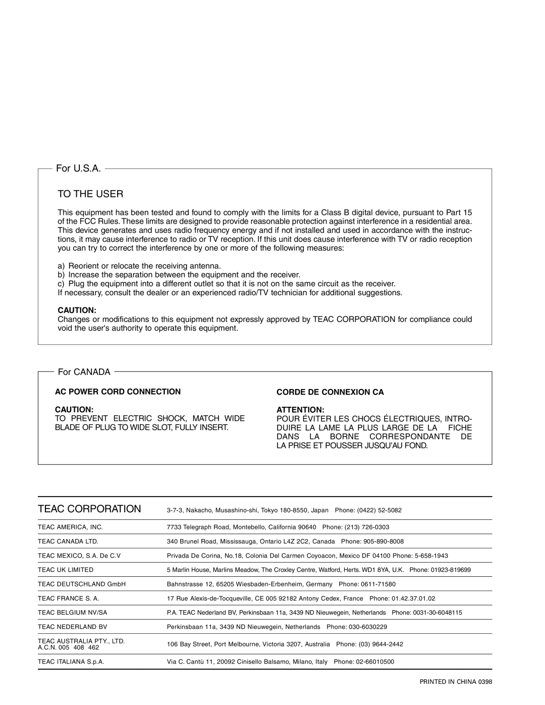 Tascam CD-A500 user service To the User 