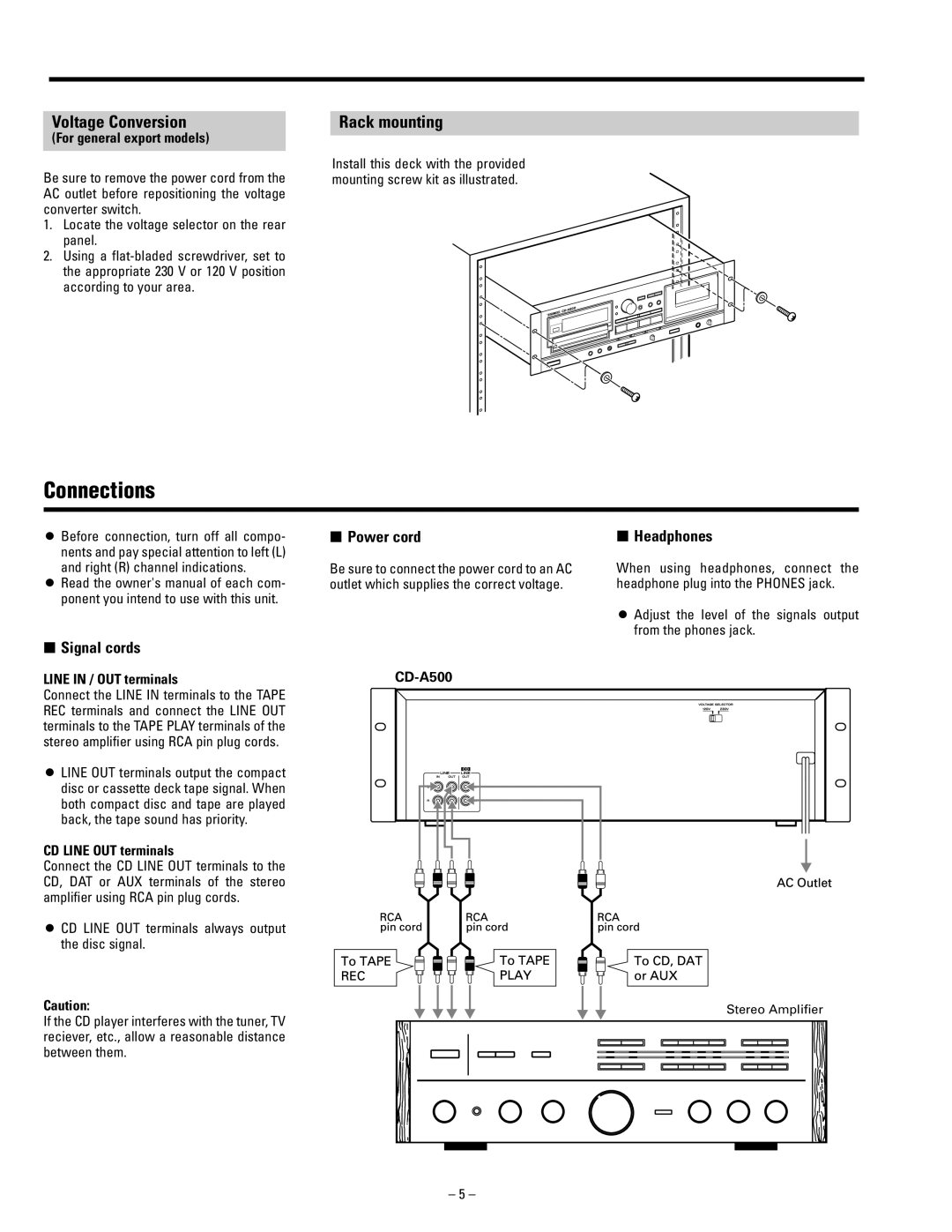 Tascam CD-A500 user service Connections, Voltage Conversion, Rack mounting 