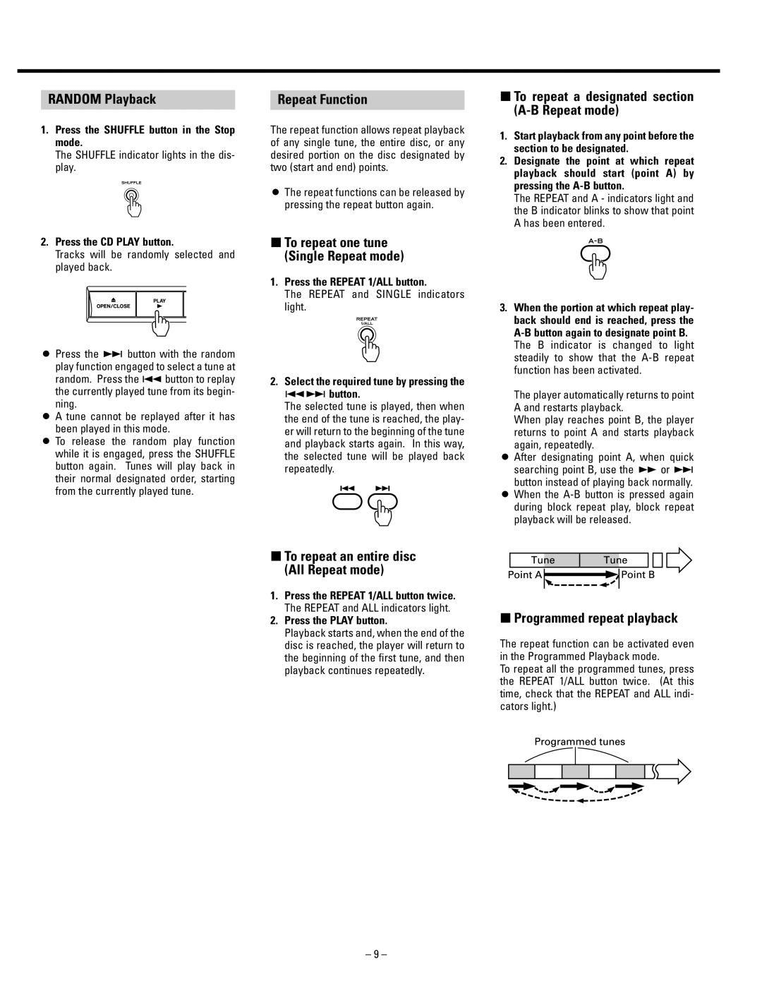 Tascam CD-A500 user service Random Playback, Repeat Function, ∑ To repeat a designated section A-B Repeat mode 