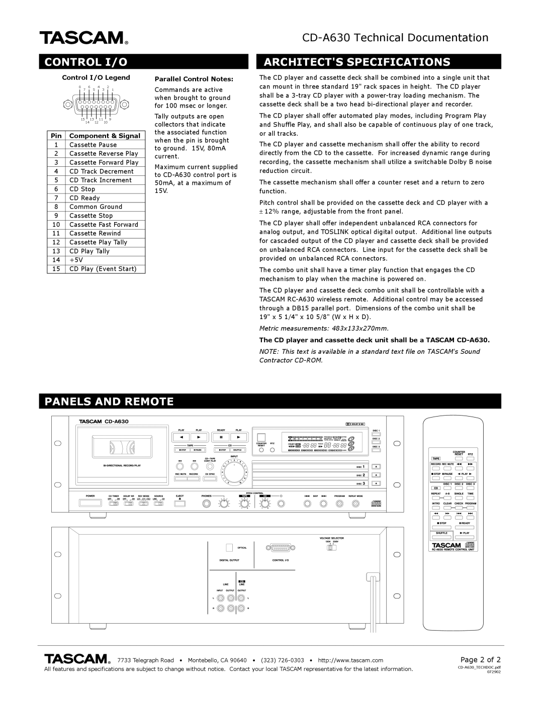 Tascam CD-A630 specifications Control I/O, Architects Specifications, Panels and Remote 