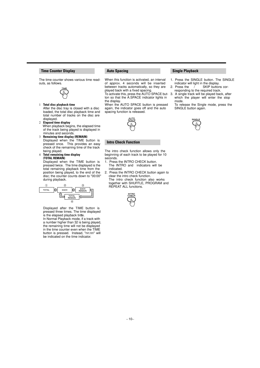 Tascam CD-A700 user service Time Counter Display, Auto Spacing, Single Playback, Intro Check Function, Total Remain 