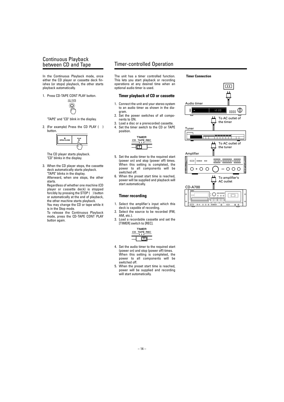 Tascam CD-A700 user service Timer-controlled Operation, ∑ Timer playback of CD or cassette, ∑Timer recording 