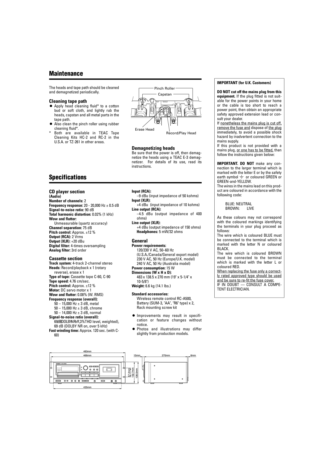 Tascam CD-A700 user service Maintenance, Specifications 