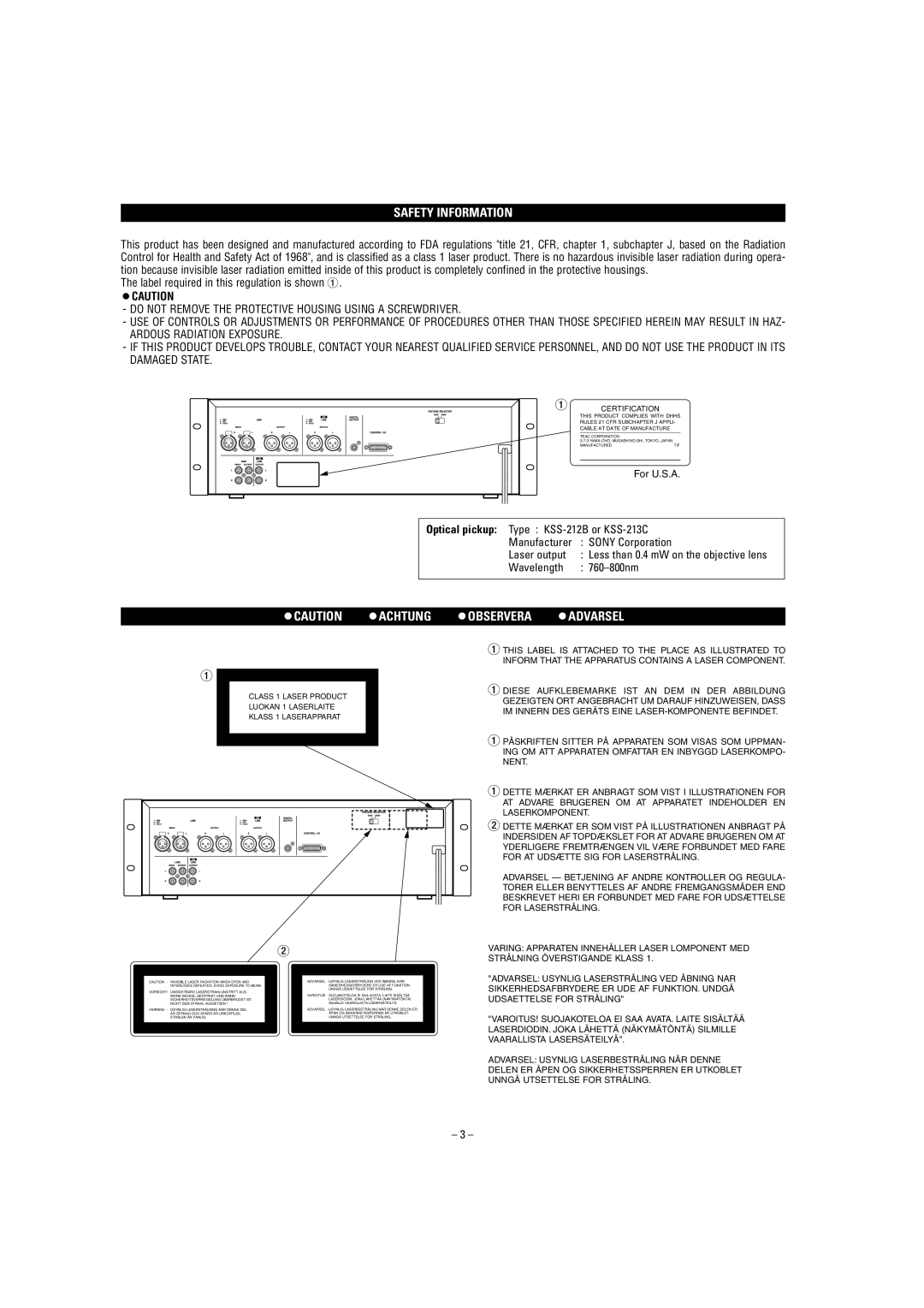 Tascam CD-A700 user service Label required in this regulation is shown, Ocaution, Wavelength 760 800nm 