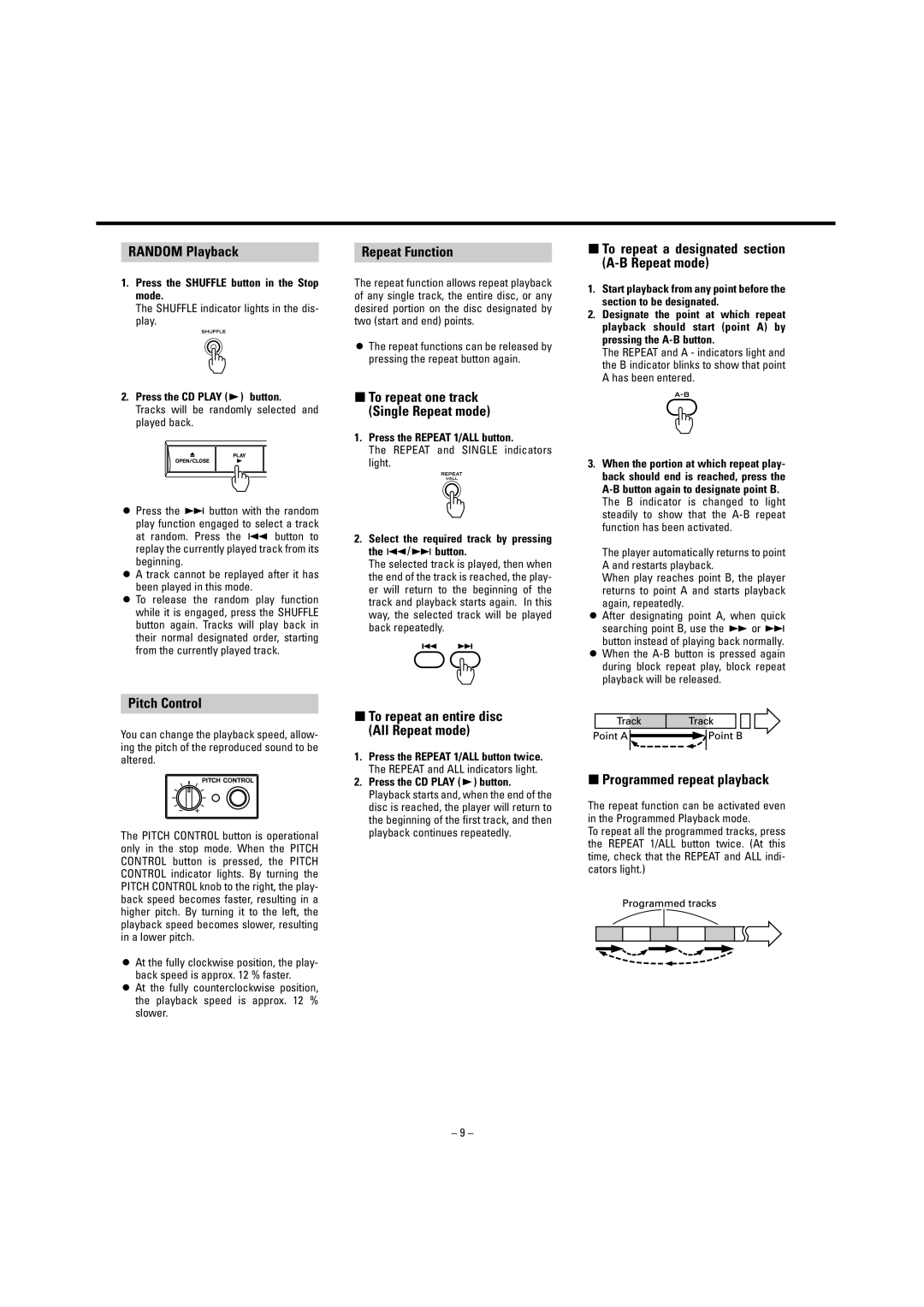 Tascam CD-A700 Random Playback, Repeat Function, ∑ To repeat a designated section A-B Repeat mode, Pitch Control 