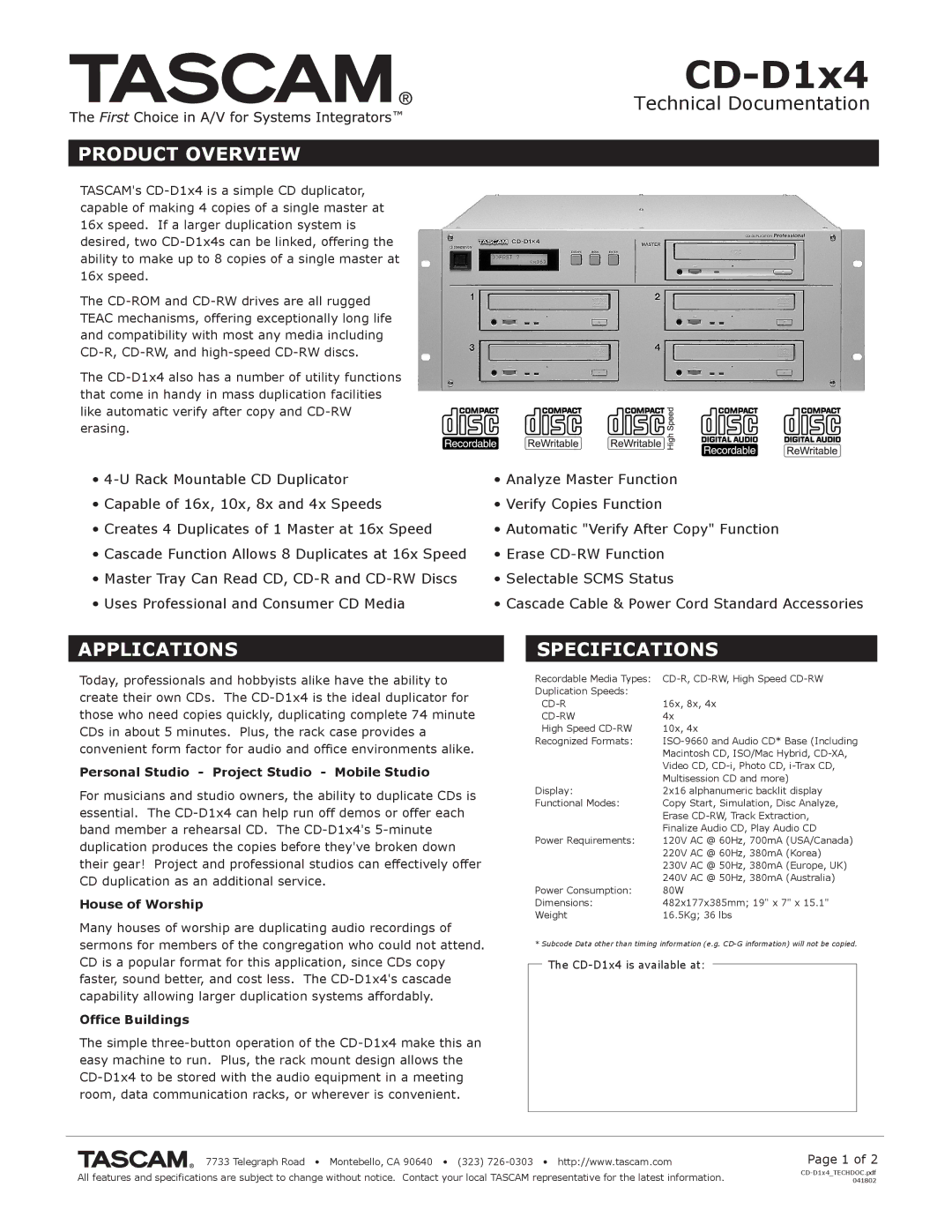 Tascam CD-D1X4 specifications Product Overview, Applications, Specifications 