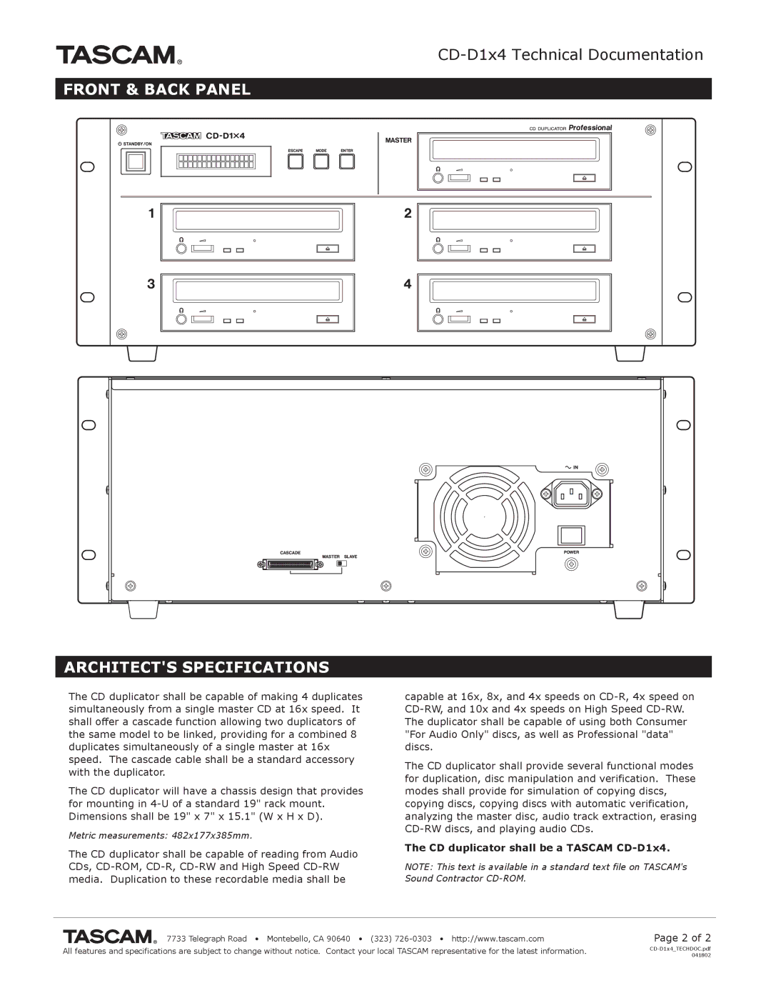 Tascam CD-D1X4 specifications Front & Back Panel Architects Specifications, CD duplicator shall be a Tascam CD-D1x4 