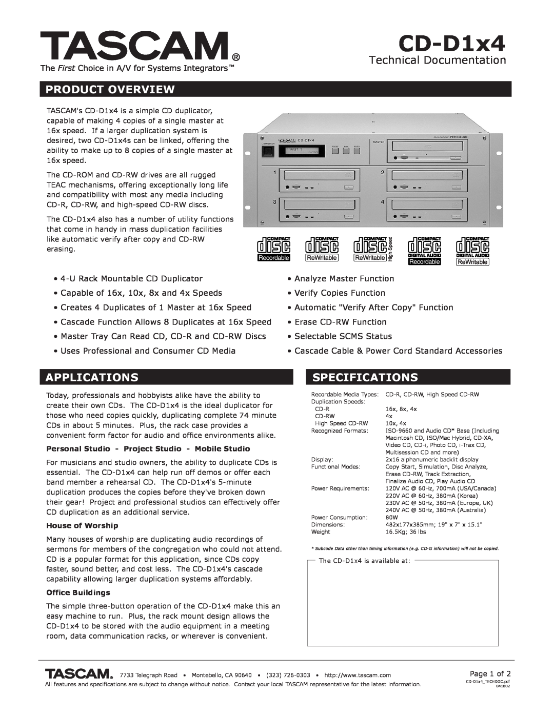 Tascam CD-D1X4 specifications Technical Documentation, Product Overview, Applications, Specifications, CD-D1x4 