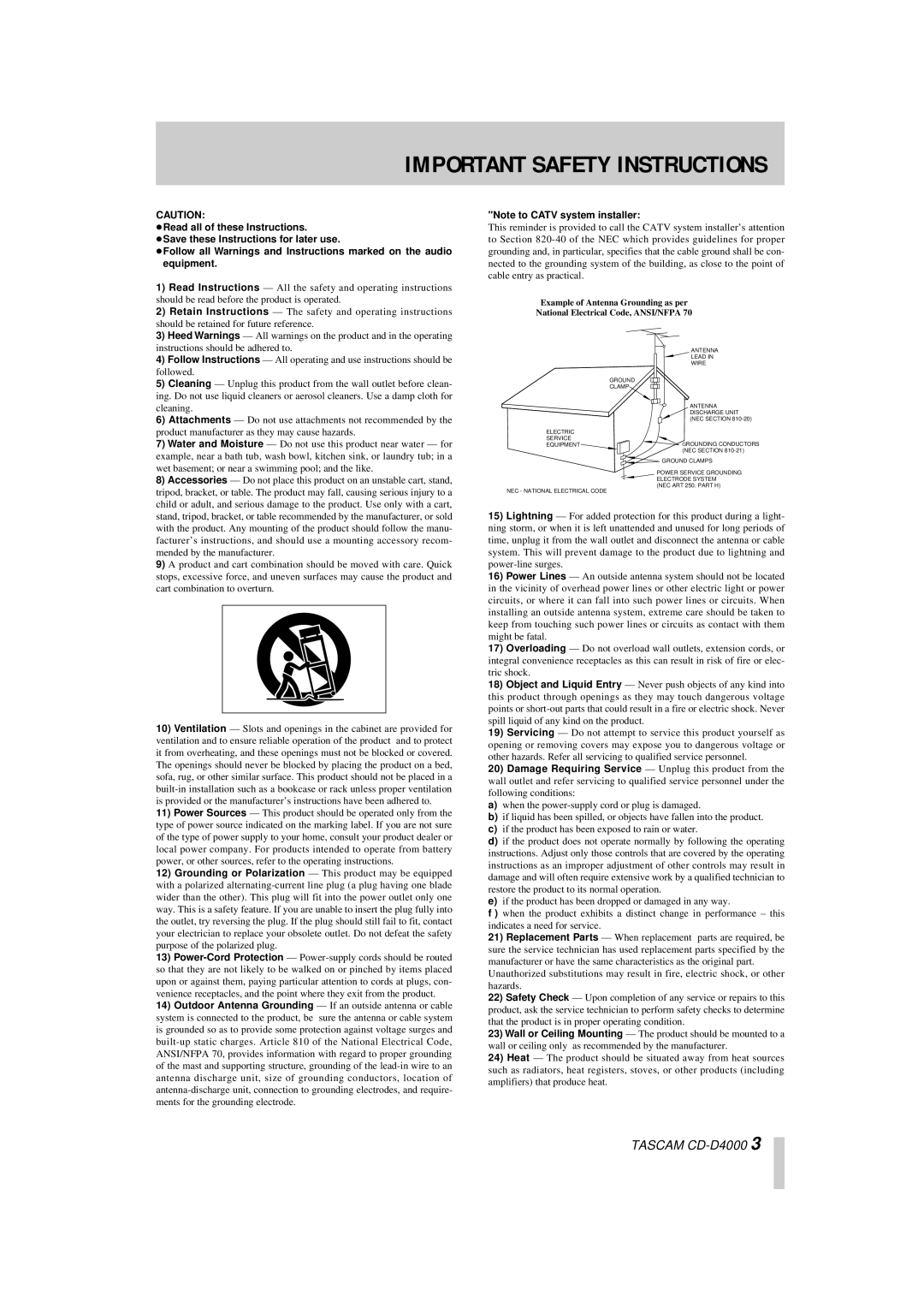 Tascam CD-D4000 owner manual Important Safety Instructions 