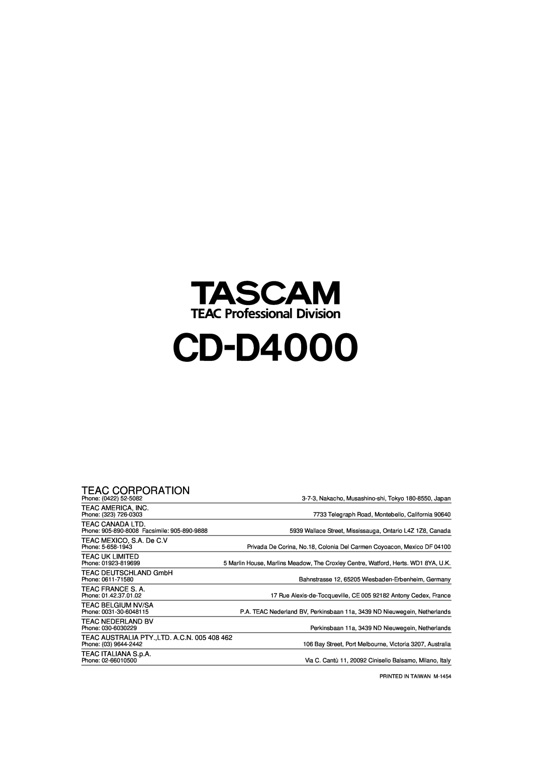 Tascam CD-D4000 owner manual Teac Corporation 