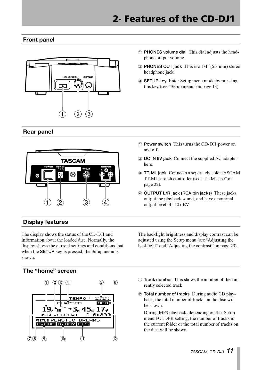 Tascam CD-DJ1 owner manual Display features, Home screen 