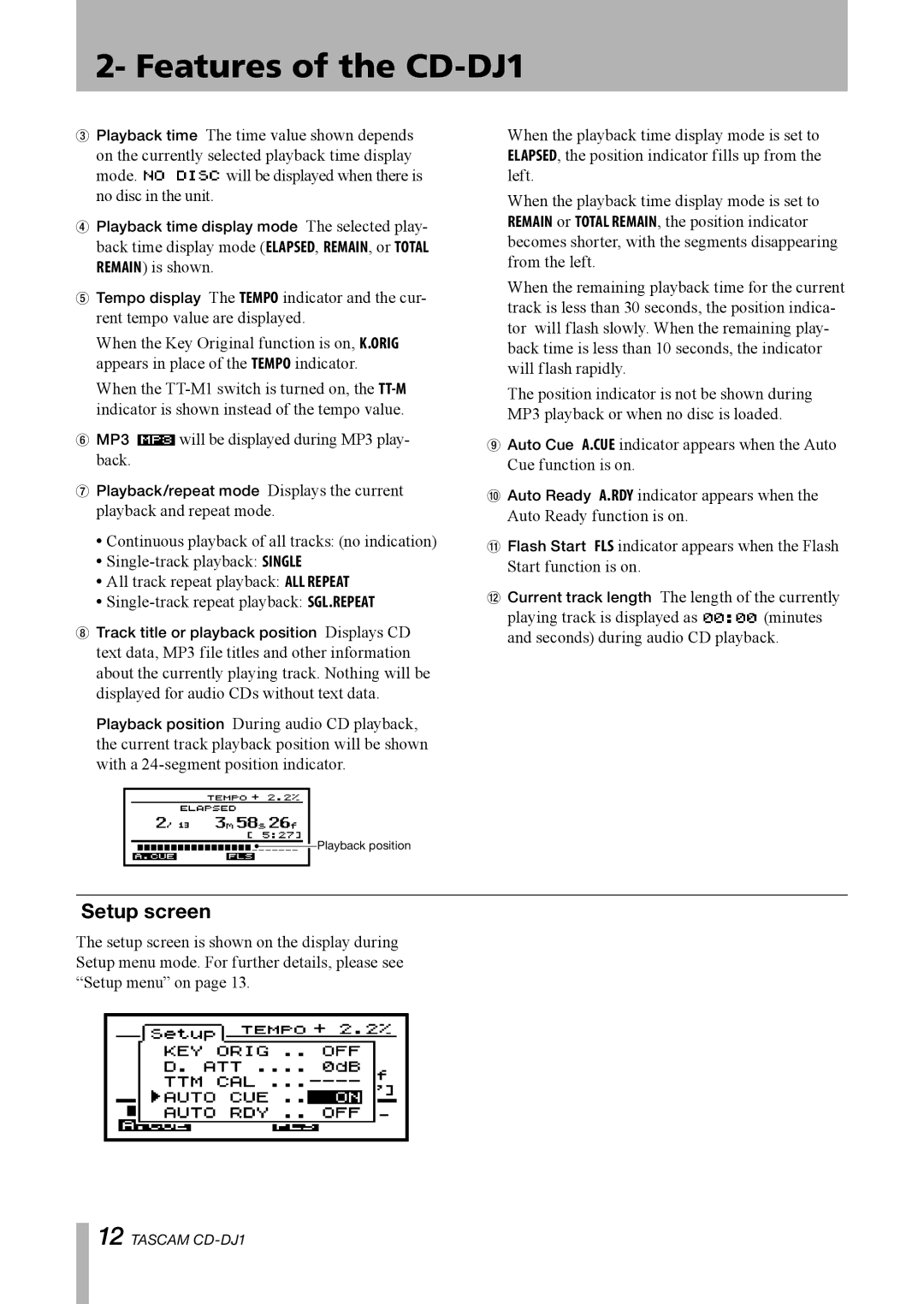 Tascam CD-DJ1 owner manual Setup screen 