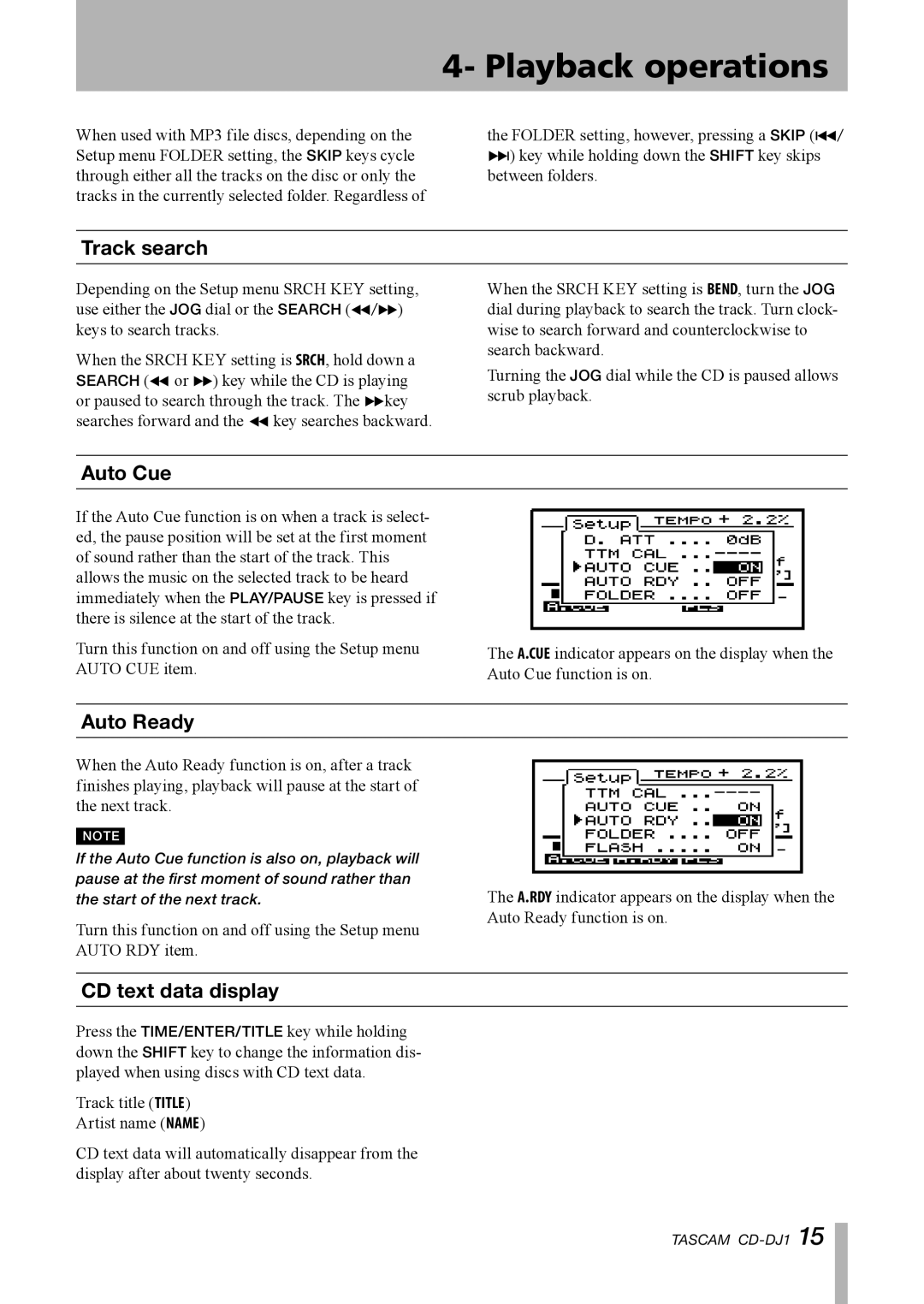 Tascam CD-DJ1 owner manual Track search, Auto Cue 