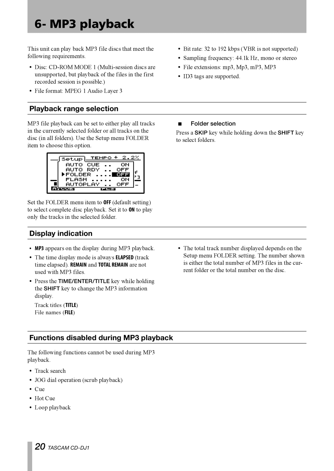 Tascam CD-DJ1 owner manual Display indication, Functions disabled during MP3 playback 