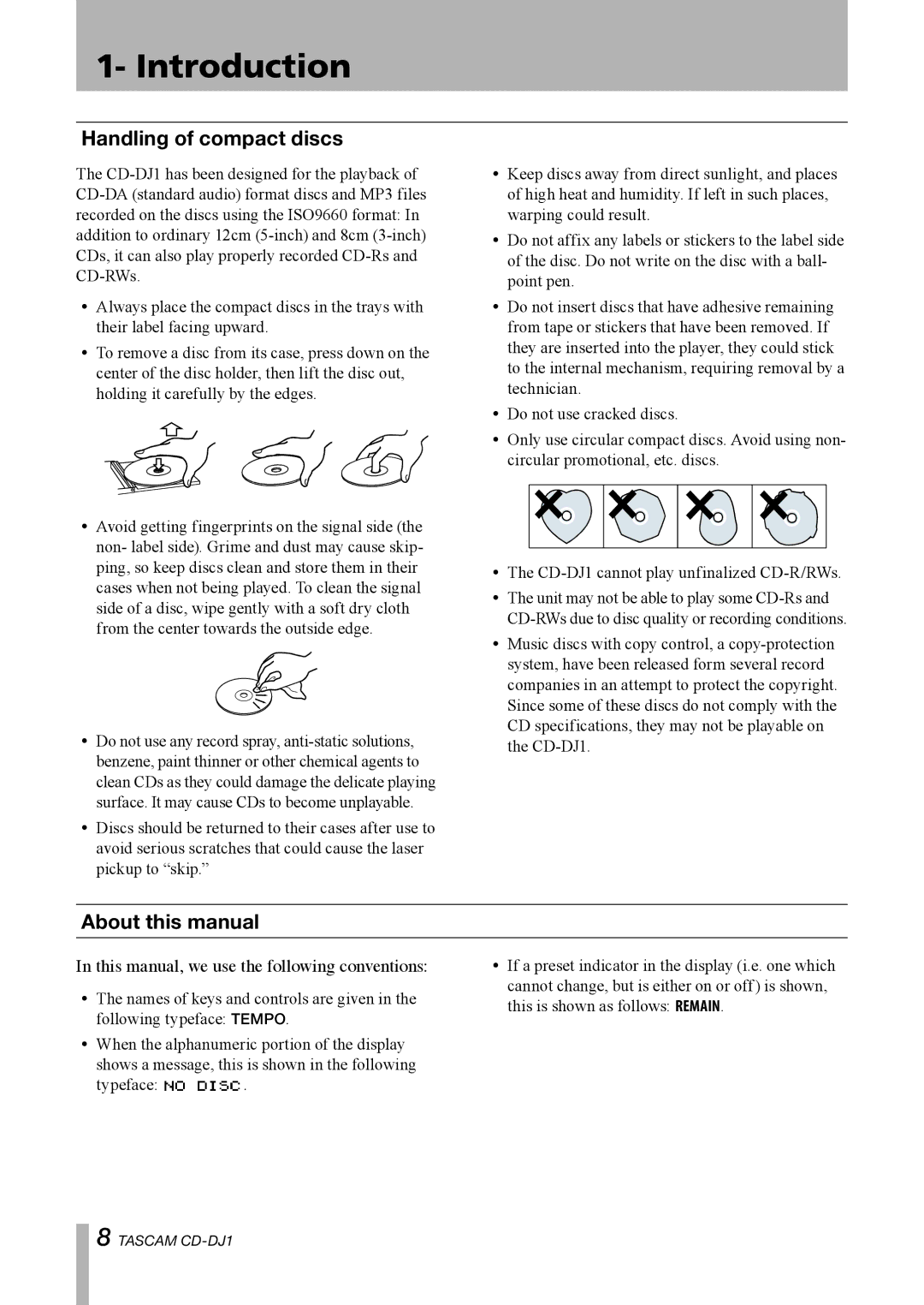 Tascam CD-DJ1 owner manual Handling of compact discs, This manual, we use the following conventions 