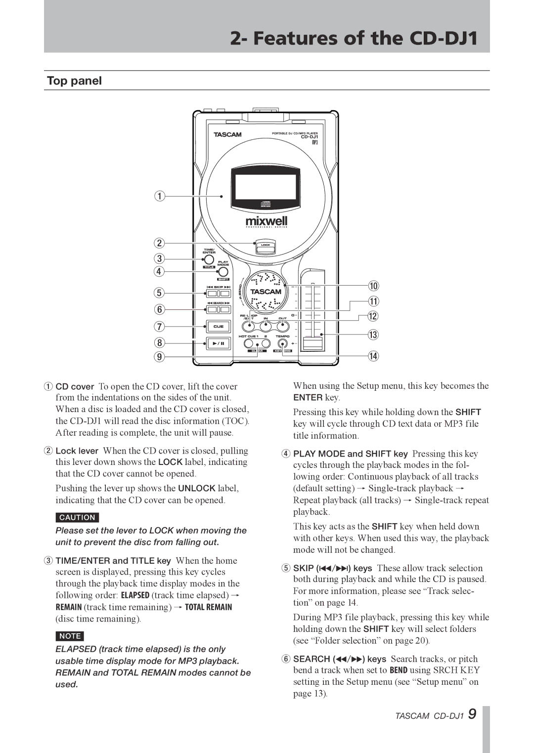 Tascam owner manual Features of the CD-DJ1, Top panel 