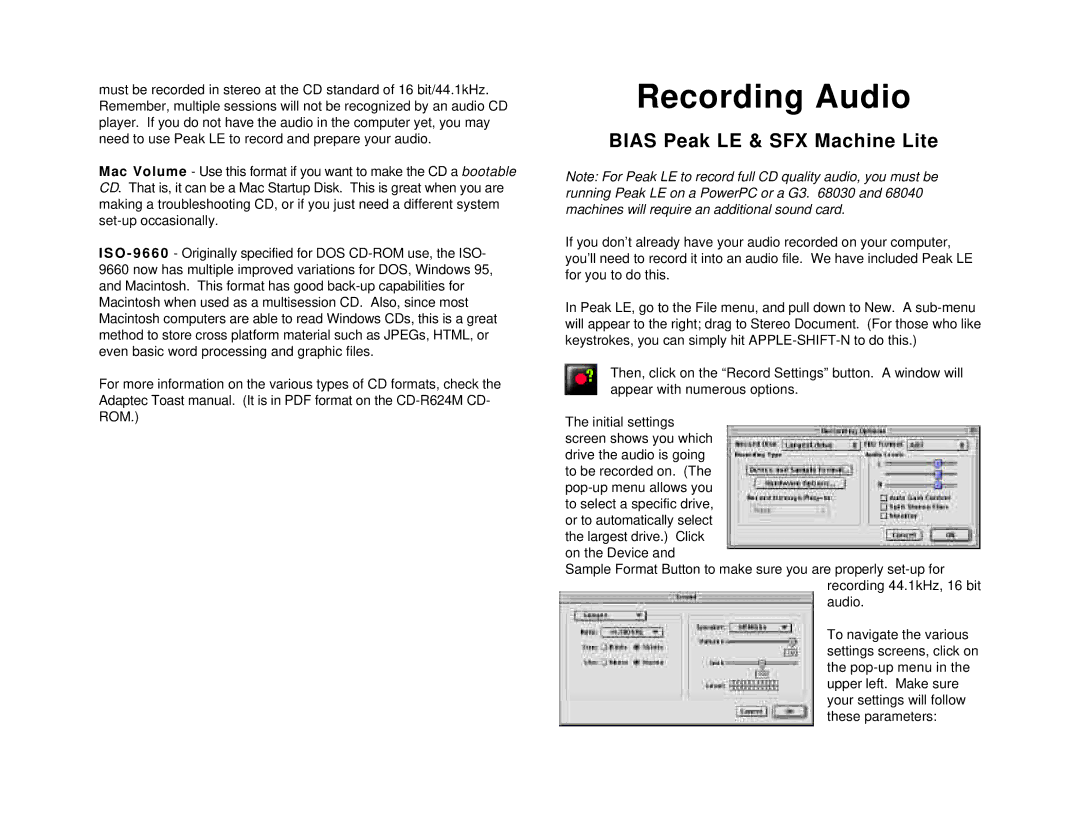 Tascam CD-R624M quick start Recording Audio, Bias Peak LE & SFX Machine Lite 