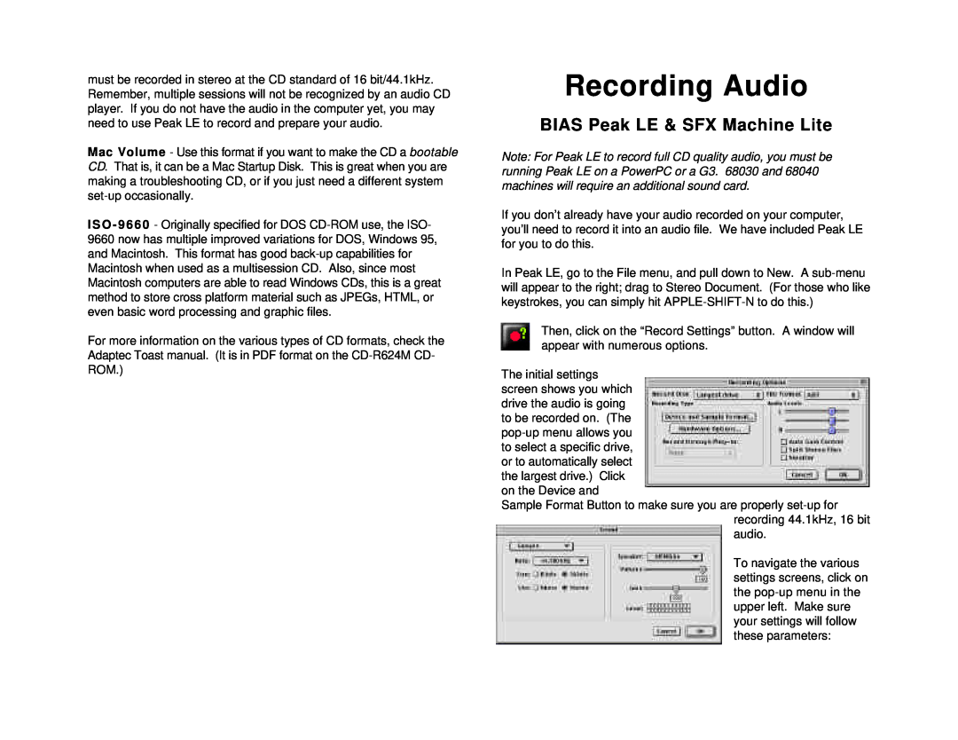 Tascam CD-R624M quick start Recording Audio, BIAS Peak LE & SFX Machine Lite 